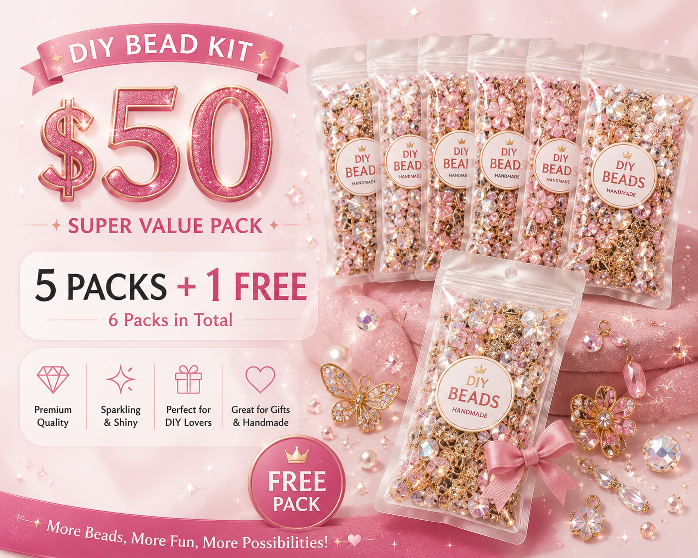 DIY Heavy Rhinestone Beads Bundle β 5 Packs + 1 FREE | Premium Sparkly Beads for Pens, Jewelry & Crafts