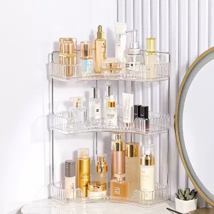Luxury Corner Cosmetic Organizer, Triangle Tabletop Storage Shelf for Vanity Lipstick Skincare, Bathroom Counter Organizer