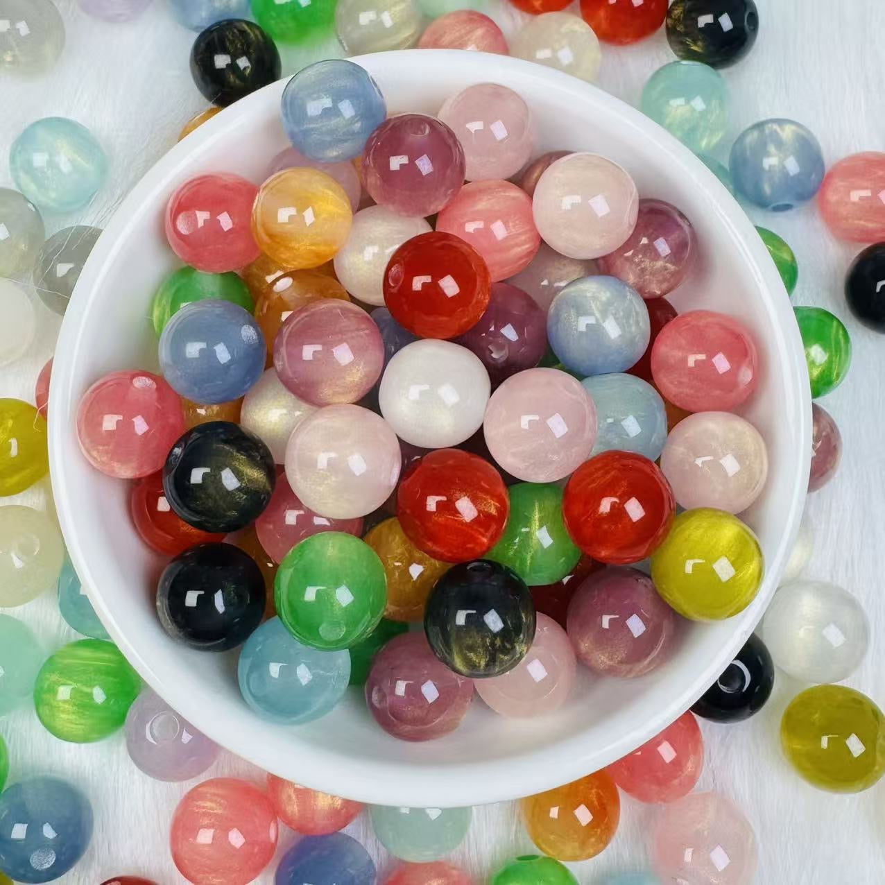 8mm Colorful Gold‑Foiled Resin Beads, Imitation Cat's Eye Round Straight Hole Loose Beads, Handmade DIY Spacer Beads for Bracelet Necklace Accessories