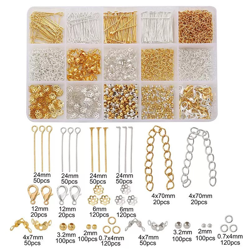 15‑Compartment Box DIY Metal Jewelry Kit, Beading Tools for Bracelet Necklace Earring Ear Hooks Making