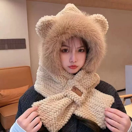 Cute Bear Ear Hooded Scarf – Plush Winter Hat & Scarf for Women