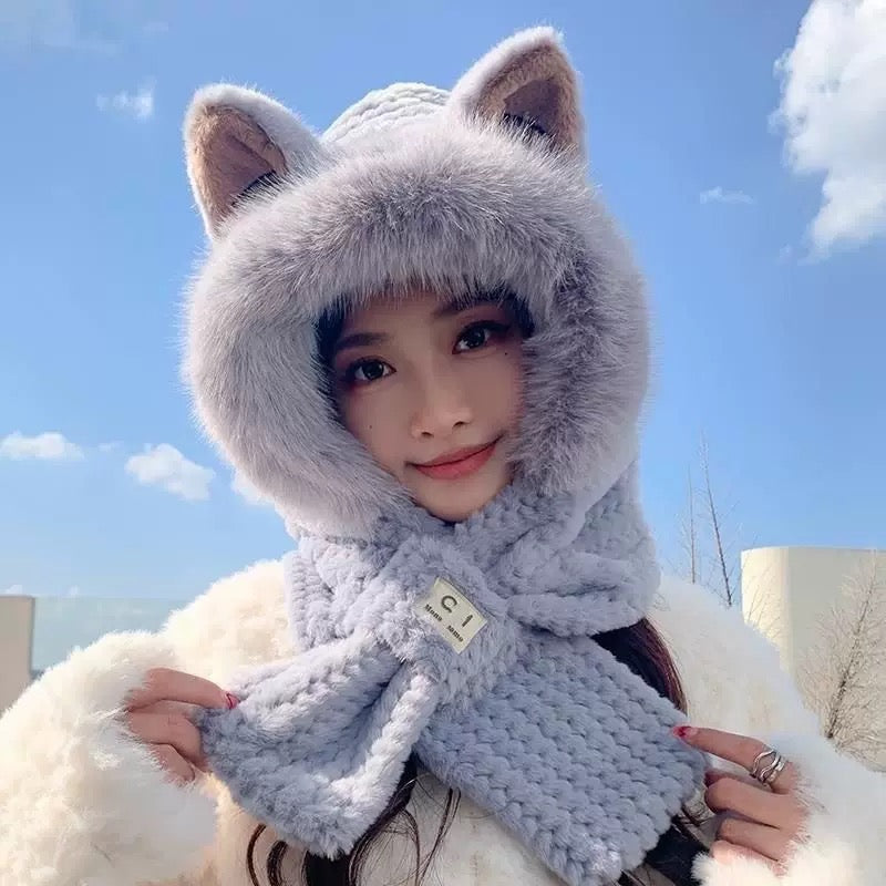 Cute Bear Ear Hooded Scarf – Plush Winter Hat & Scarf for Women
