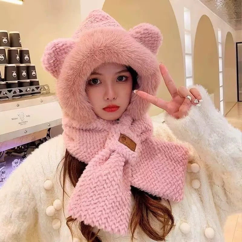 Cute Bear Ear Hooded Scarf – Plush Winter Hat & Scarf for Women
