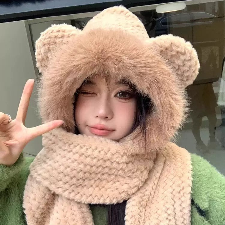 Cute Bear Ear Hooded Scarf – Plush Winter Hat & Scarf for Women