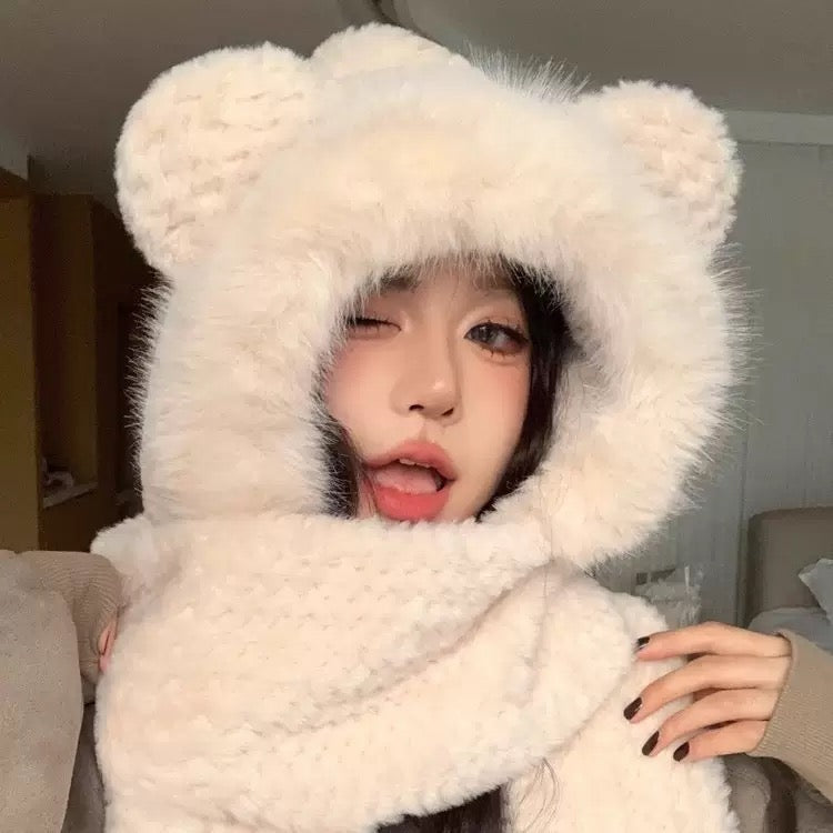 Cute Bear Ear Hooded Scarf – Plush Winter Hat & Scarf for Women