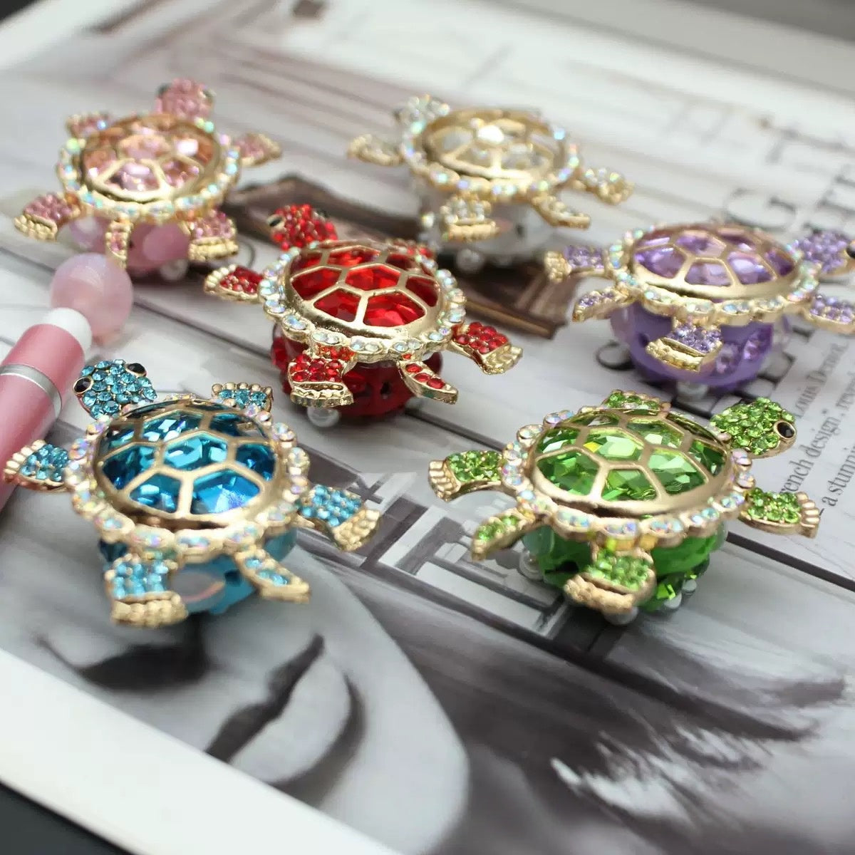 New Turtle Charm Bead with Large Cubic Zirconia – Crystal Inlaid Straight Hole Bead for DIY Phone Charms
