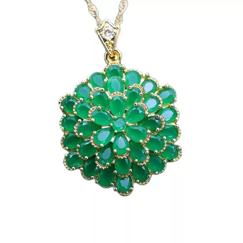 Green Crystal Flower Pendant – Gold Plated Floral Necklace Charm