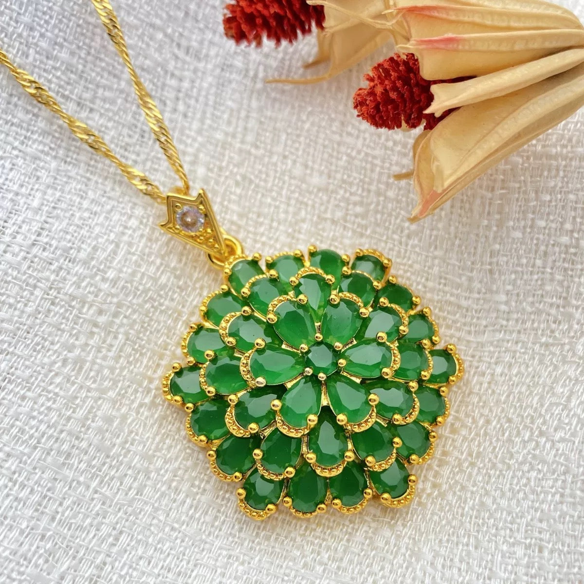 Green Crystal Flower Pendant – Gold Plated Floral Necklace Charm