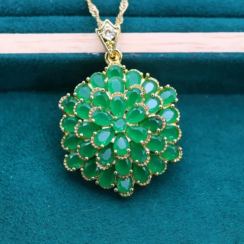Green Crystal Flower Pendant – Gold Plated Floral Necklace Charm