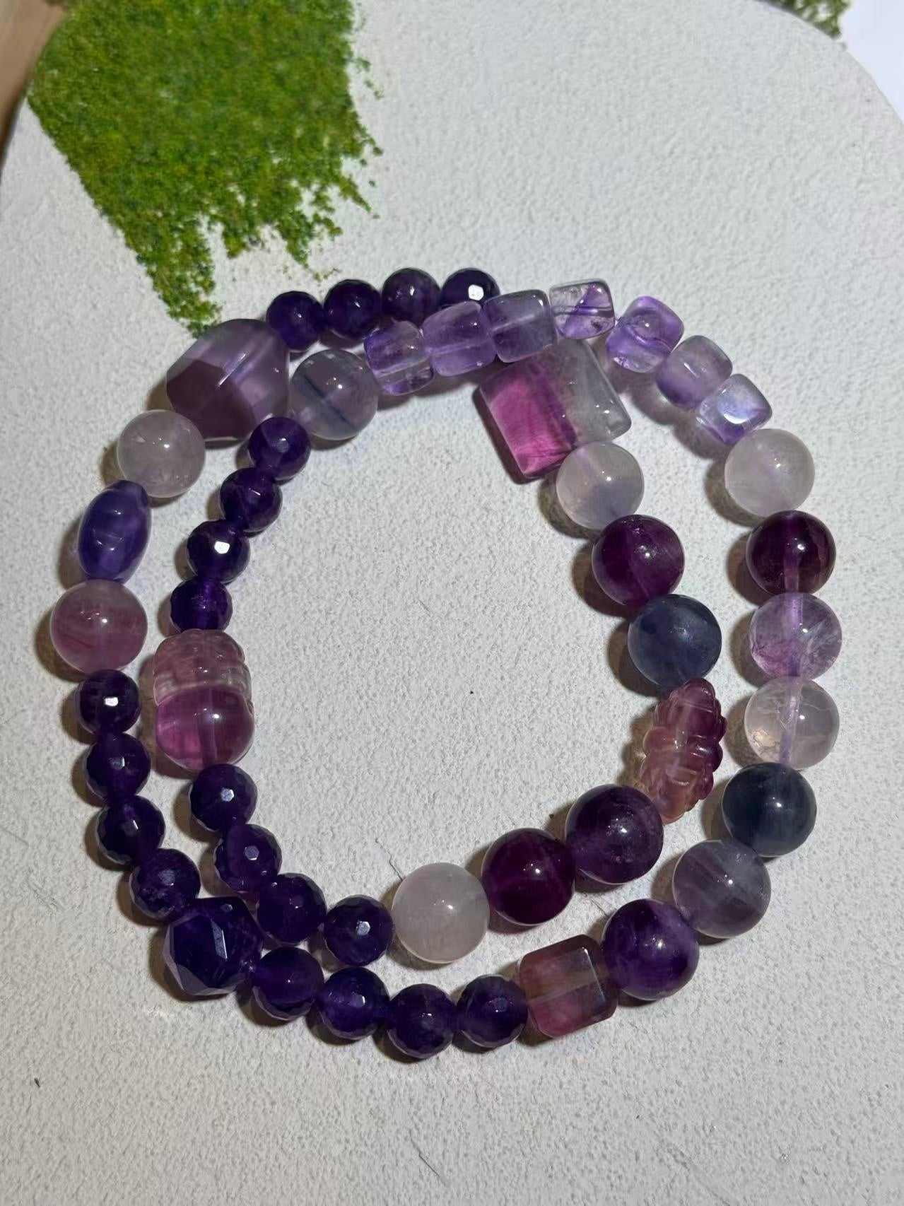 Multi-Layer Purple Fluorite & Amethyst Beaded Bracelet Set – Natural Stone Stretch Bracelets