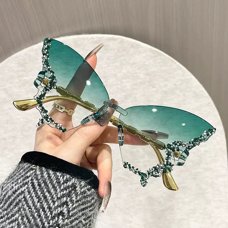 Luxury Crystal Rimless Cat Eye Sunglasses for Women – Rhinestone Butterfly Fashion Shades