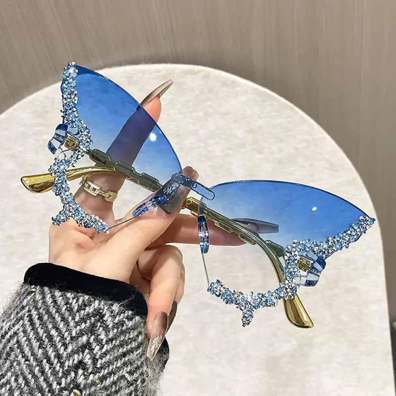 Luxury Crystal Rimless Cat Eye Sunglasses for Women – Rhinestone Butterfly Fashion Shades