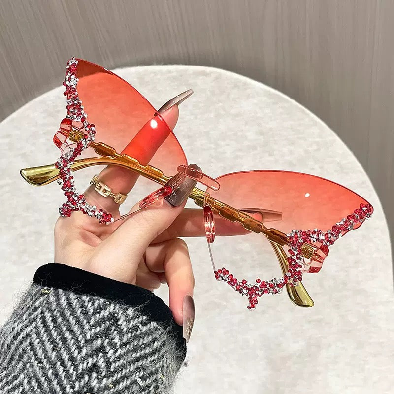 Luxury Crystal Rimless Cat Eye Sunglasses for Women – Rhinestone Butterfly Fashion Shades