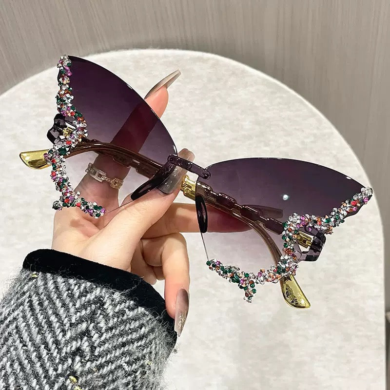 Luxury Crystal Rimless Cat Eye Sunglasses for Women – Rhinestone Butterfly Fashion Shades