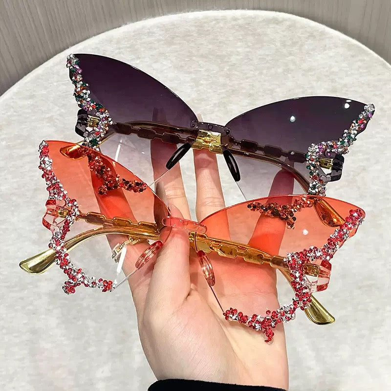 Luxury Crystal Rimless Cat Eye Sunglasses for Women – Rhinestone Butterfly Fashion Shades