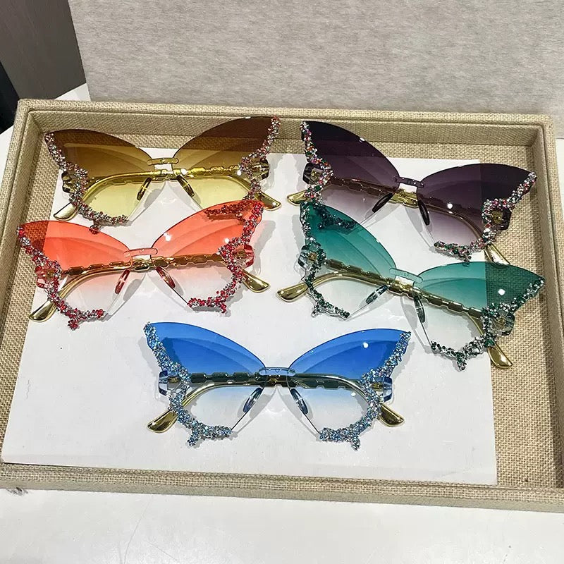 Luxury Crystal Rimless Cat Eye Sunglasses for Women – Rhinestone Butterfly Fashion Shades