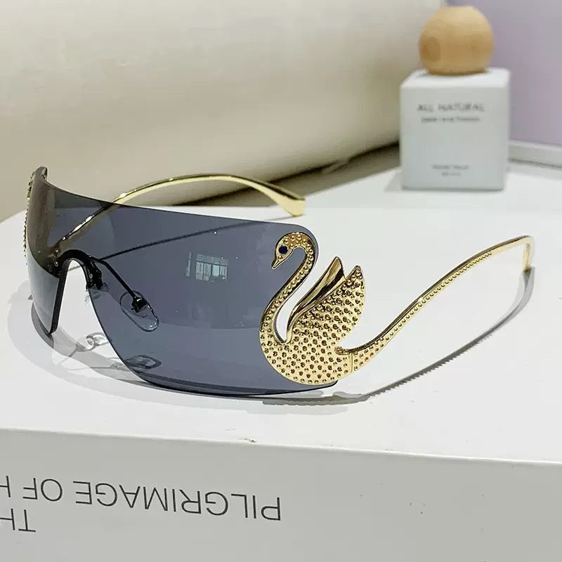 Luxury Swan Rimless Sunglasses – Crystal Embellished Shield Fashion Glasses
