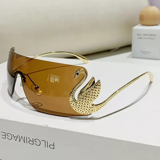 Luxury Swan Rimless Sunglasses – Crystal Embellished Shield Fashion Glasses