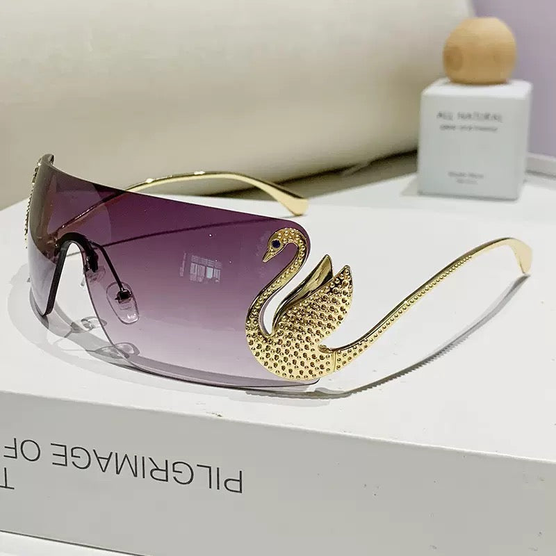 Luxury Swan Rimless Sunglasses – Crystal Embellished Shield Fashion Glasses