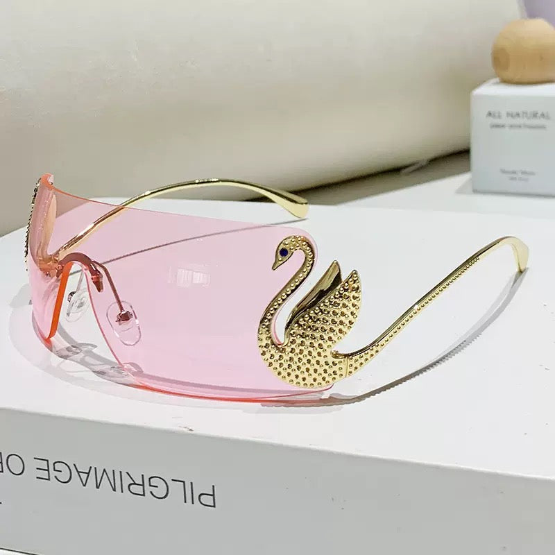 Luxury Swan Rimless Sunglasses – Crystal Embellished Shield Fashion Glasses