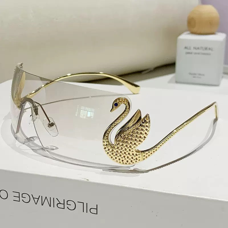 Luxury Swan Rimless Sunglasses – Crystal Embellished Shield Fashion Glasses
