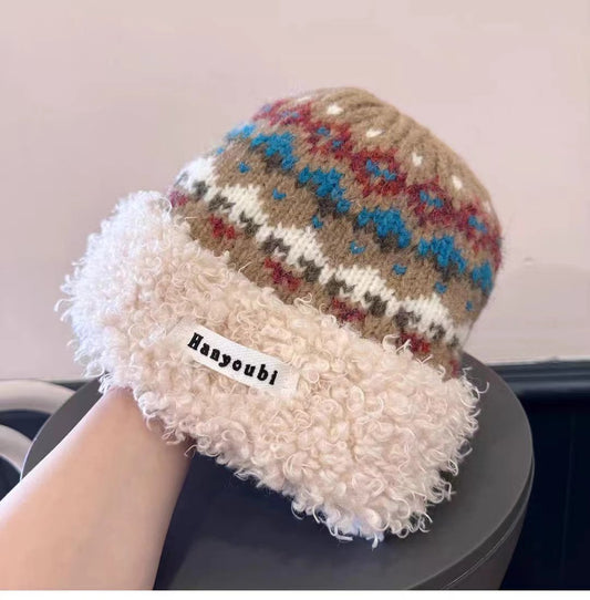 Vintage Fair Isle Knit Beanie with Fleece Cuff – Cozy Winter Wool Hat