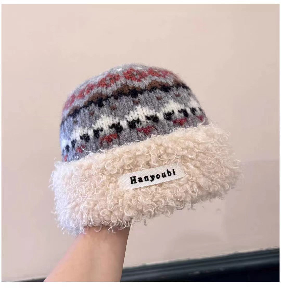 Vintage Fair Isle Knit Beanie with Fleece Cuff – Cozy Winter Wool Hat