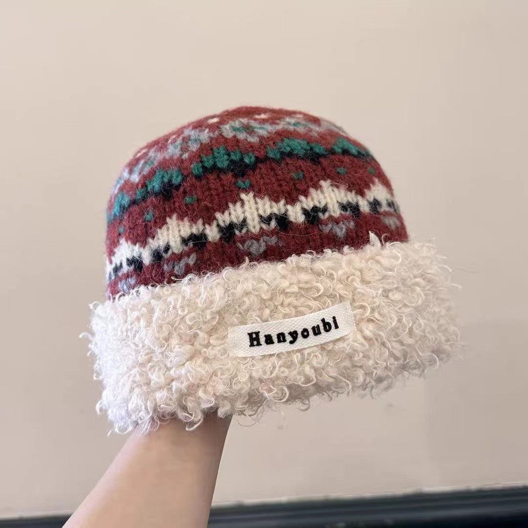 Vintage Fair Isle Knit Beanie with Fleece Cuff – Cozy Winter Wool Hat
