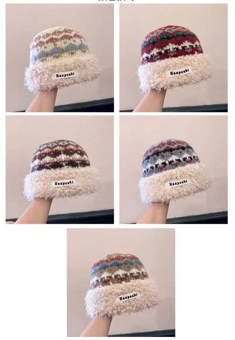 Vintage Fair Isle Knit Beanie with Fleece Cuff – Cozy Winter Wool Hat