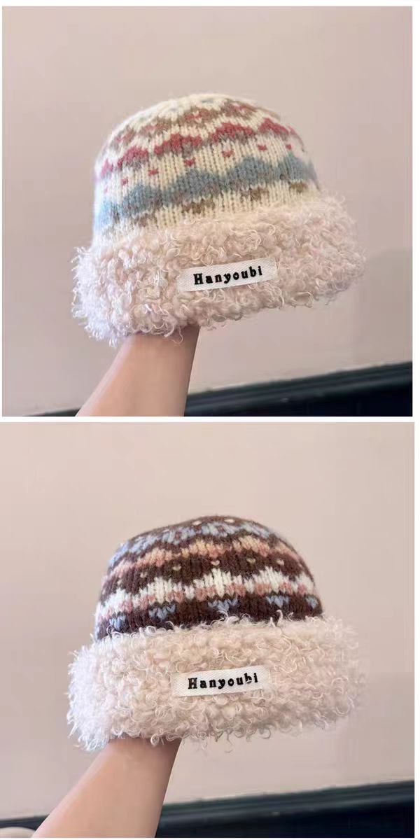 Vintage Fair Isle Knit Beanie with Fleece Cuff – Cozy Winter Wool Hat