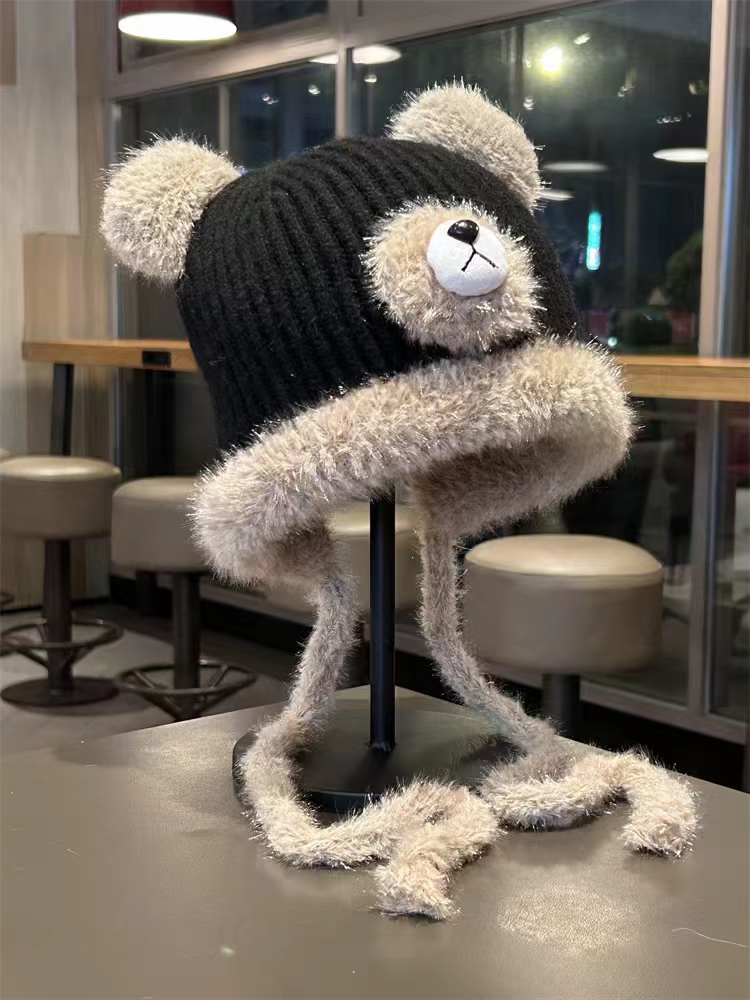Cute Bear Knit Beanie with Plush Ears & Long Tassels – Cozy Winter Hat