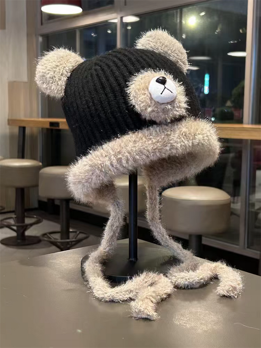 Cute Bear Knit Beanie with Plush Ears & Long Tassels – Cozy Winter Hat