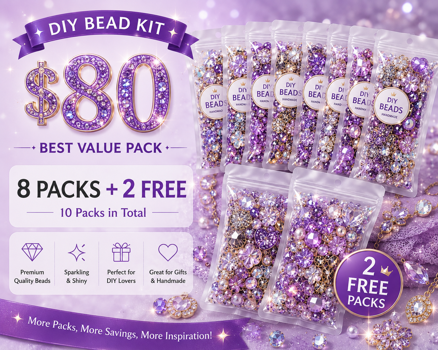 DIY Heavy Rhinestone Beads Bundle – 8 Packs + 2 FREE | Premium Sparkly Beads for Pens, Jewelry & Crafts