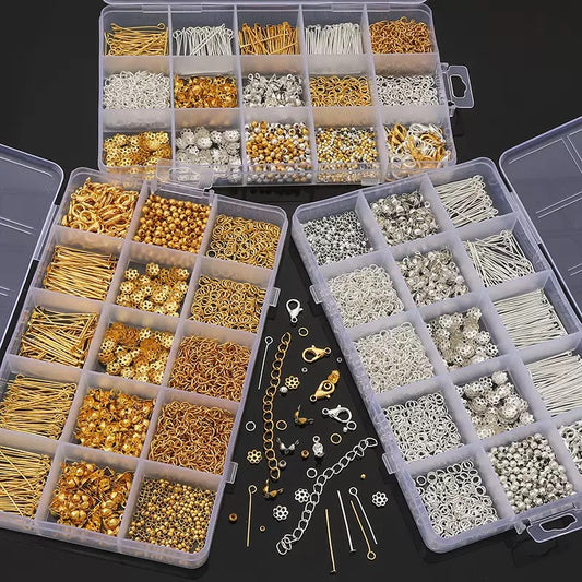 15‑Compartment Box DIY Metal Jewelry Kit, Beading Tools for Bracelet Necklace Earring Ear Hooks Making