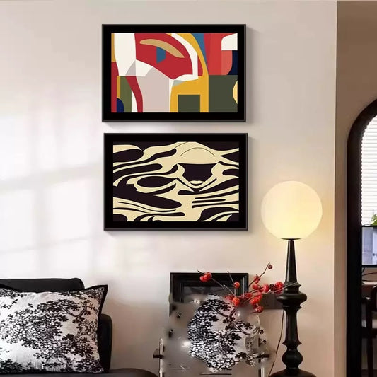 Retro French Mondrian Wall Art, Niche Abstract Geometric Canvas Painting, Minimalist Home Wall Mural for Living Room Dining Room Decor