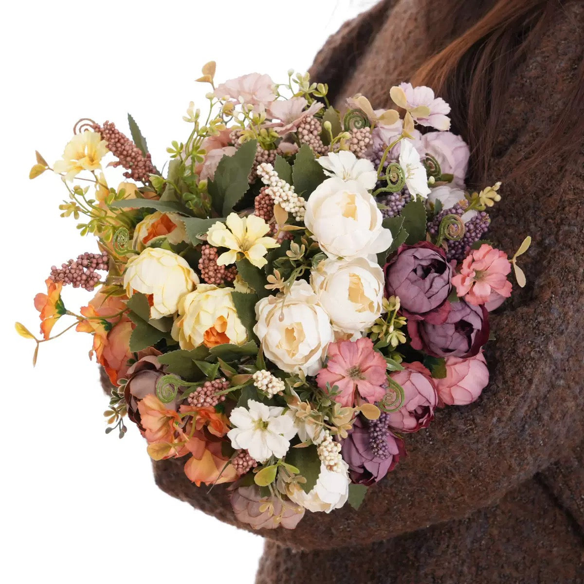 Realistic Faux Peony Beaded Bouquet, Premium Artificial Flower Bundle for Home Hotel Soft Decoration