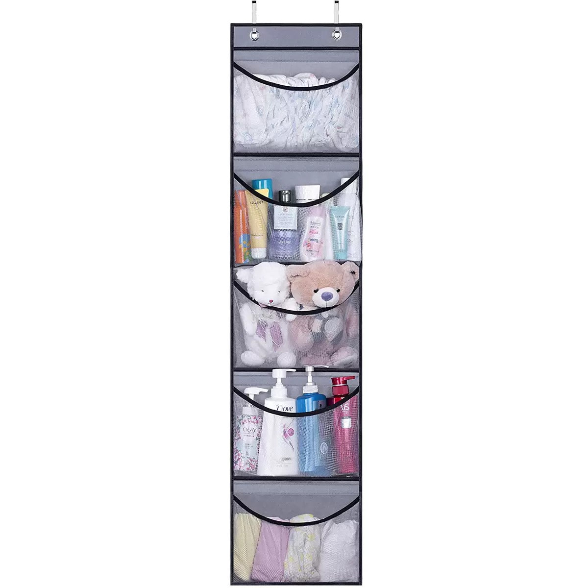Large 5‑Pocket Non‑Woven Fabric Hanging Storage Bag, No‑Drill Underwear Cosmetic Organizer