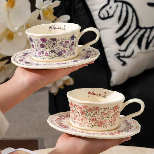 Pastoral Floral Mug Saucer Set, Trendy Floral Ceramic Coffee Cup, Home & Dessert Store Commercial Drinkware