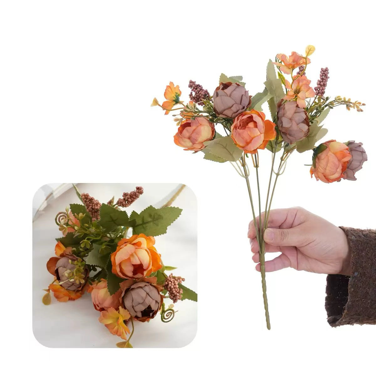 Realistic Faux Peony Beaded Bouquet, Premium Artificial Flower Bundle for Home Hotel Soft Decoration
