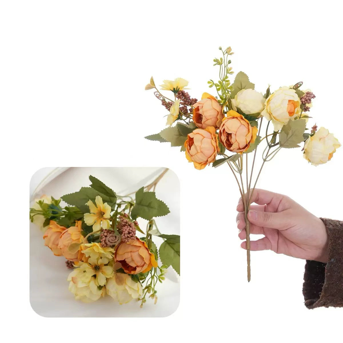 Realistic Faux Peony Beaded Bouquet, Premium Artificial Flower Bundle for Home Hotel Soft Decoration