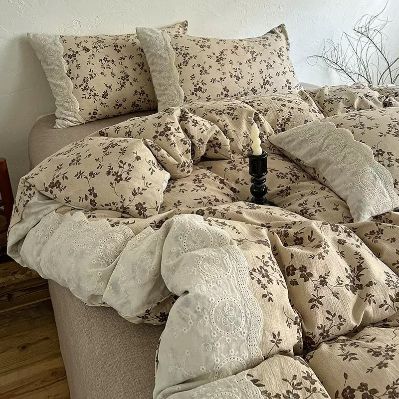 Autumn Winter New Class‑A High Weight 4‑Piece Bedding Set, Vintage 100% Cotton Lace Wabi‑Sabi Raw Linen Sheet Set