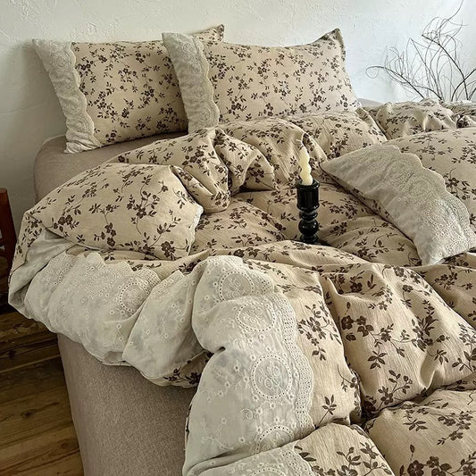 Autumn Winter New Class‑A High Weight 4‑Piece Bedding Set, Vintage 100% Cotton Lace Wabi‑Sabi Raw Linen Sheet Set