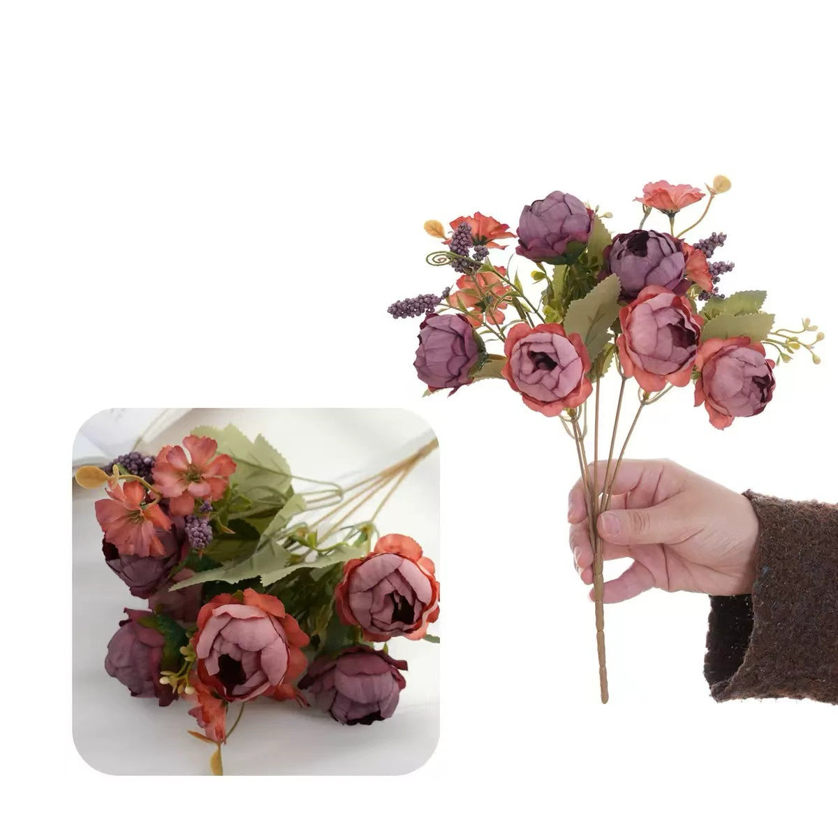 Realistic Faux Peony Beaded Bouquet, Premium Artificial Flower Bundle for Home Hotel Soft Decoration