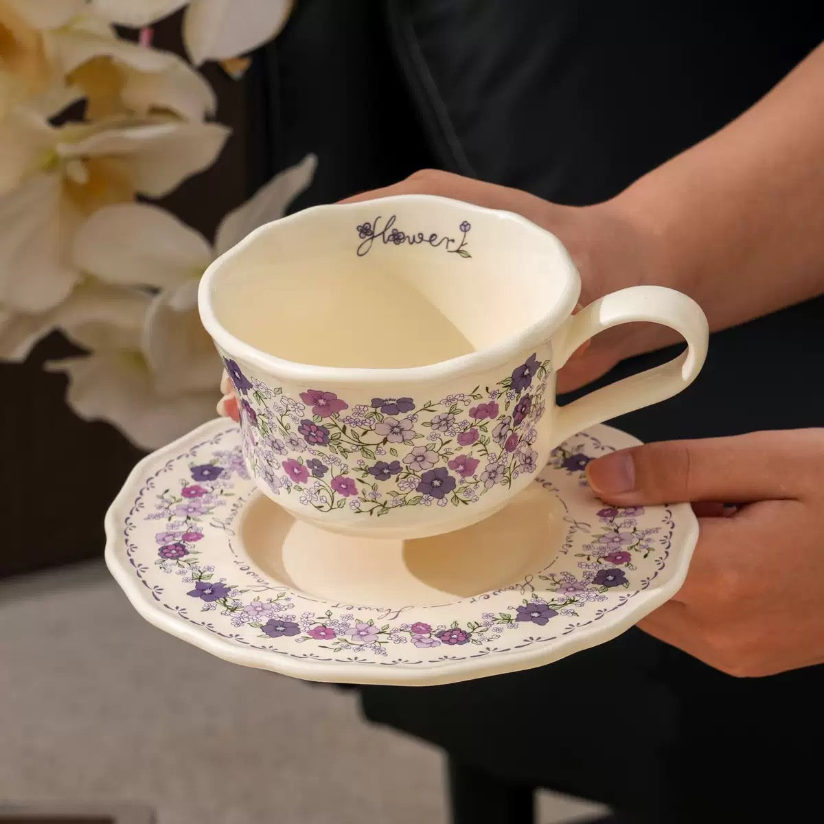 Pastoral Floral Mug Saucer Set, Trendy Floral Ceramic Coffee Cup, Home & Dessert Store Commercial Drinkware