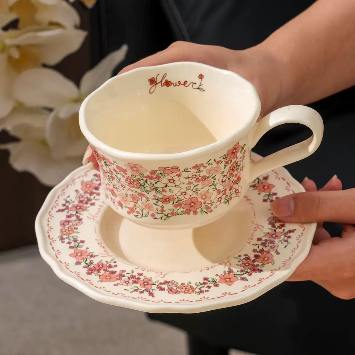 Pastoral Floral Mug Saucer Set, Trendy Floral Ceramic Coffee Cup, Home & Dessert Store Commercial Drinkware