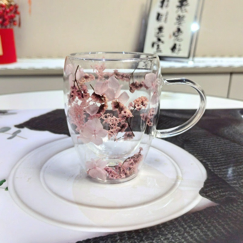 Double Wall Real Flower Glass Cup, Niche Elegant Practical Small Gift, Birthday Souvenir for Women