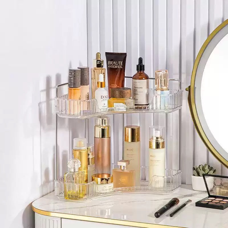 Luxury Corner Cosmetic Organizer, Triangle Tabletop Storage Shelf for Vanity Lipstick Skincare, Bathroom Counter Organizer
