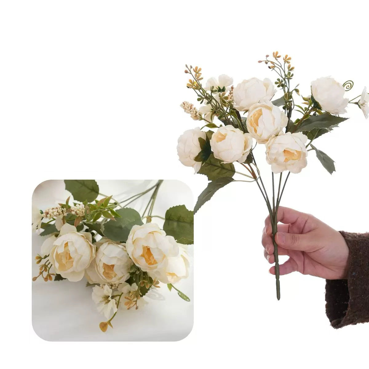 Realistic Faux Peony Beaded Bouquet, Premium Artificial Flower Bundle for Home Hotel Soft Decoration