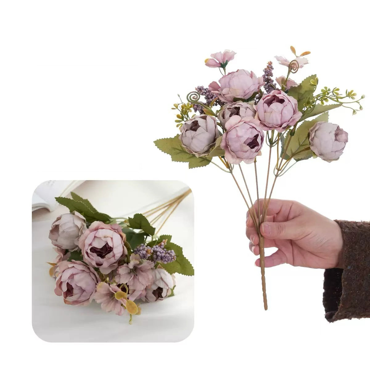 Realistic Faux Peony Beaded Bouquet, Premium Artificial Flower Bundle for Home Hotel Soft Decoration