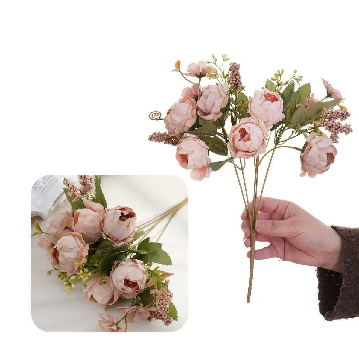 Realistic Faux Peony Beaded Bouquet, Premium Artificial Flower Bundle for Home Hotel Soft Decoration